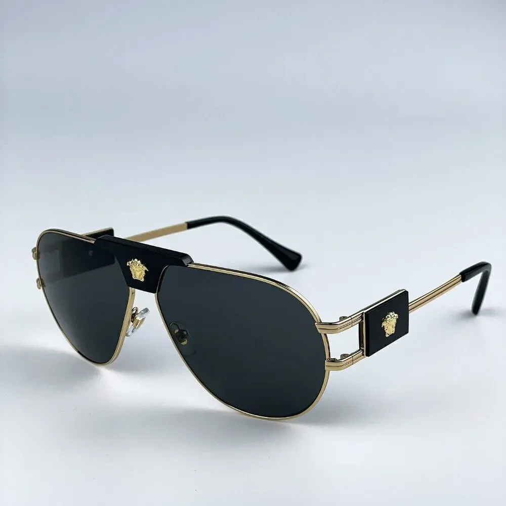 NEW Versace VE2252 100287 BRAND NEW Gold Dark Grey Metal Pilot Unisex Sunglasses